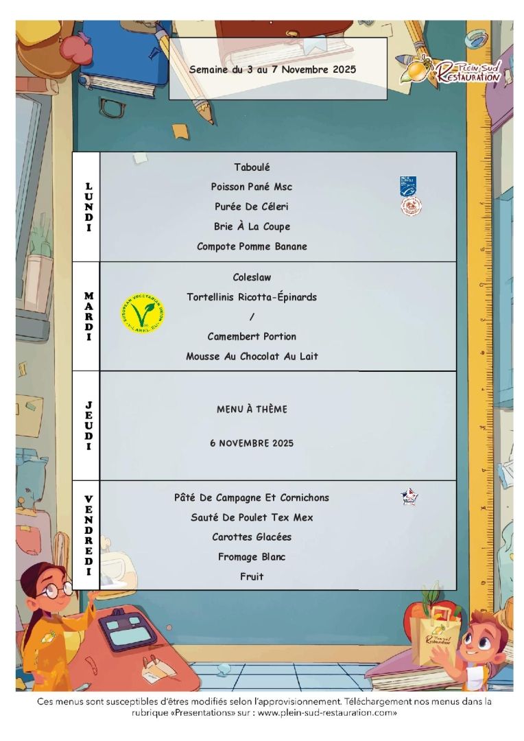 Menus cantine du 3 au 7 novembre 2025