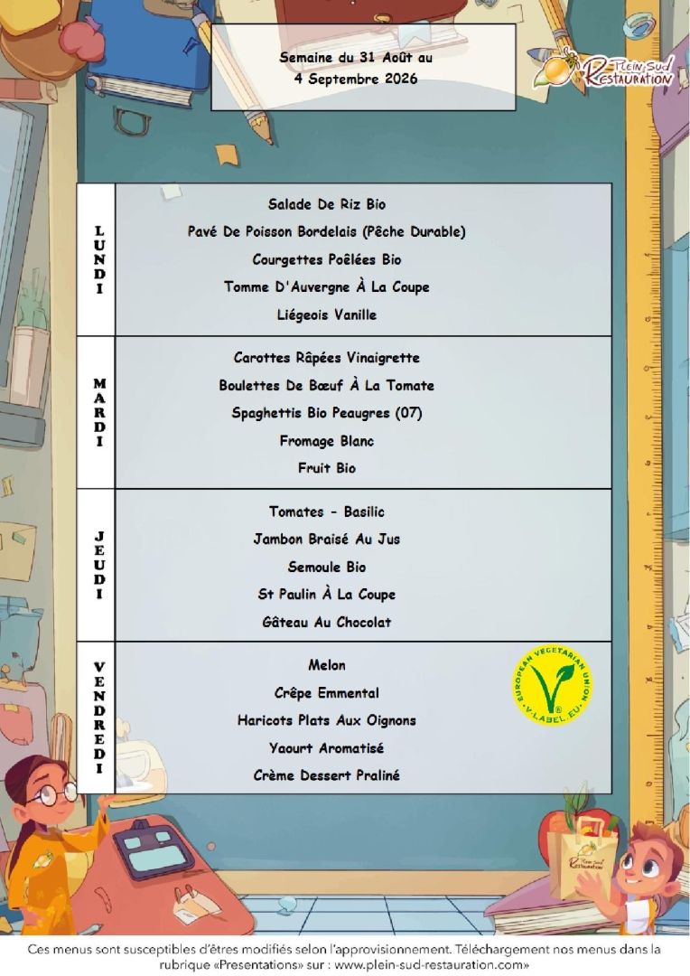 Menus cantine semaine du 31 août au 4 septembre 2026