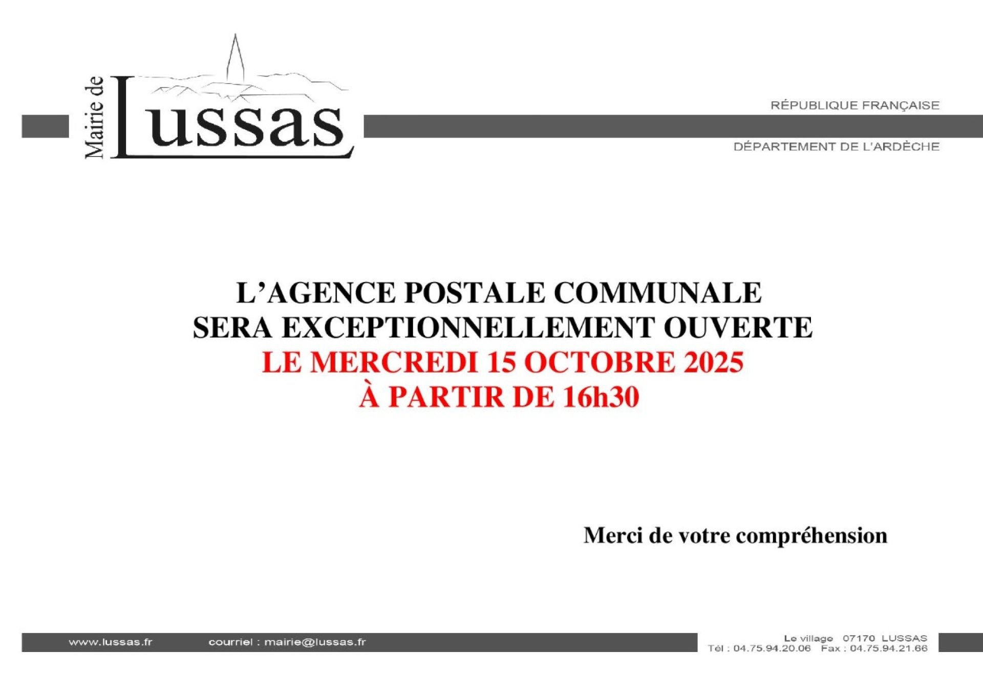 AGENCE POSTALE COMMUNALE du 15 09 2025