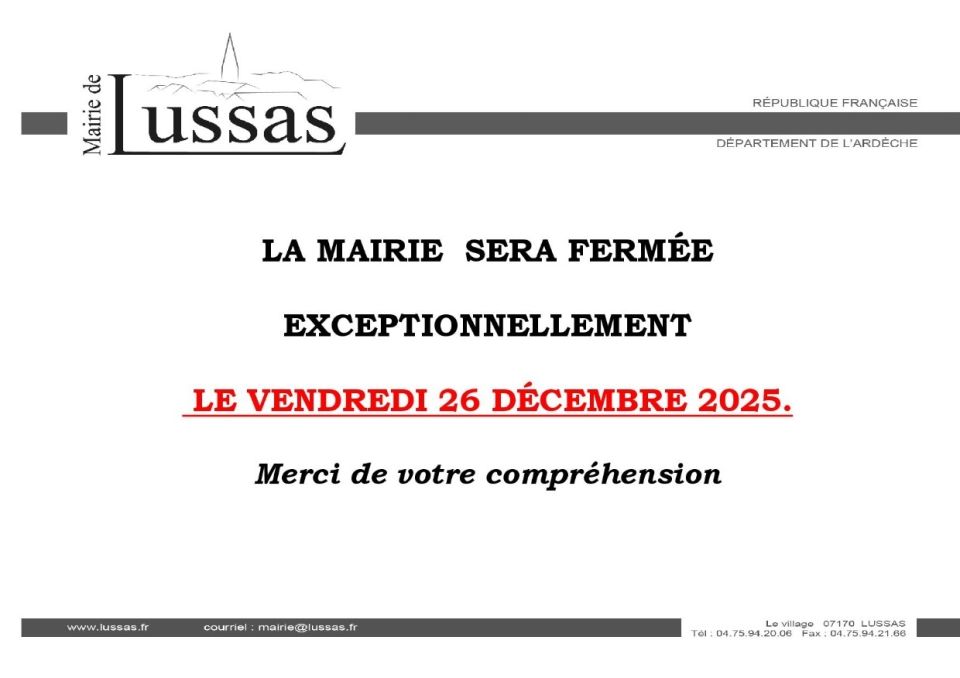 MAIRIE FERMETURE LE 26 DECEMBRE 2025