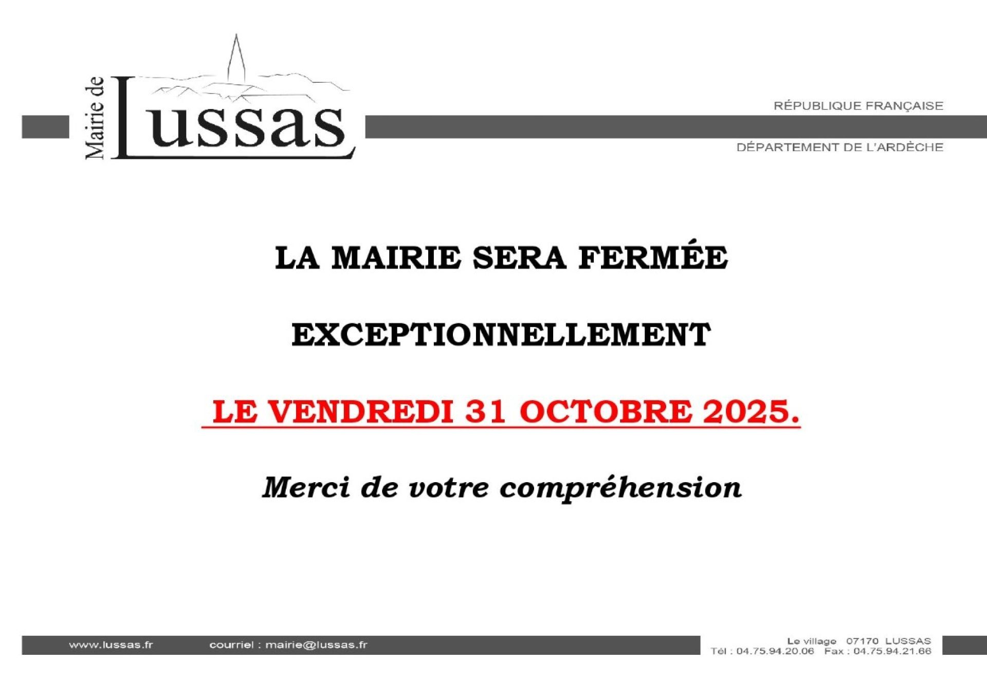 MAIRIE fermeture le 31 10 2025