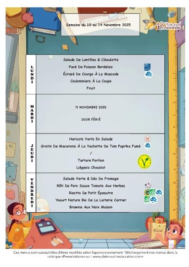 Menus cantine du 10 au 14 novembre 2025