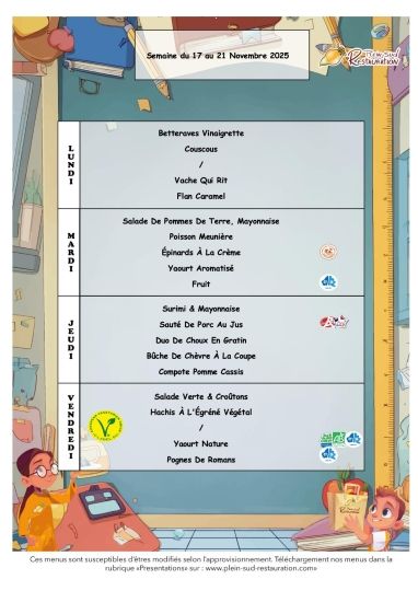 Menus cantine du 17 au 21 novembre 2025