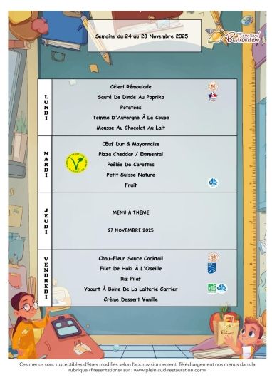 Menus cantine du 24 au 28 novembre 2025