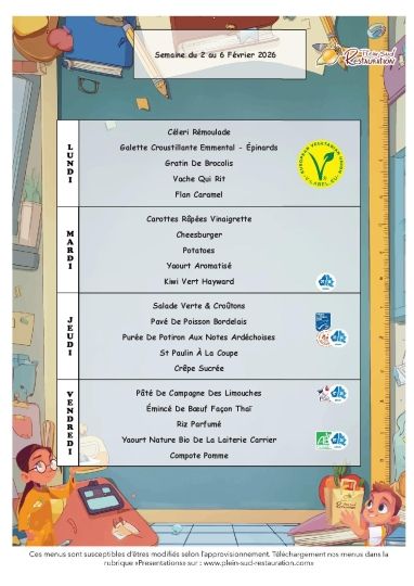 Menus cantine du semaine 2 au 6 février 2026