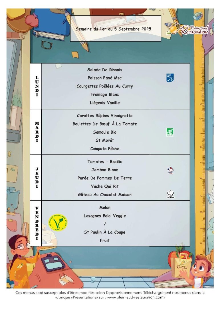 Menus cantine semain du 1er au 5 septembre