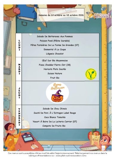 Menus cantine semaine du 12 au 16 octobre 2026