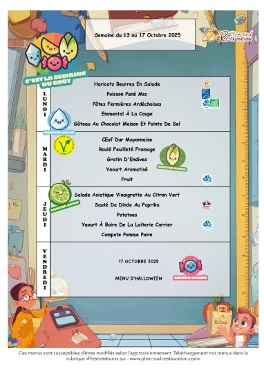 menus cantine semaine du 13 au 17 octobre
