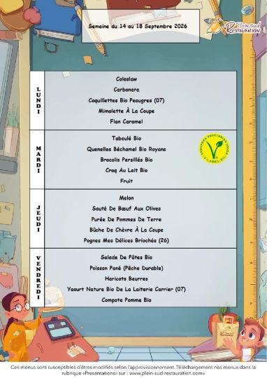 Menus cantine semaine du 14 au 18 septembre 2026
