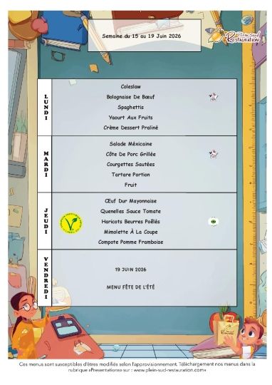 Menus cantine semaine du 15 au 19 juin 2026
