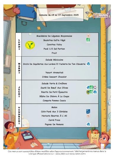 Menus cantine semaine du 15 au 19 septembre