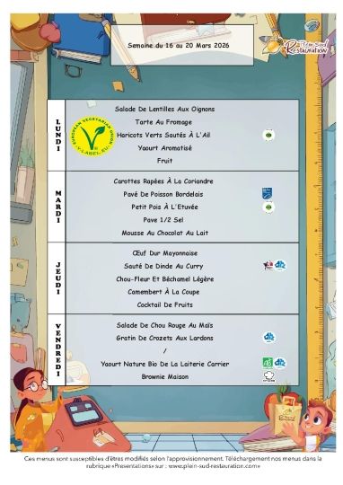 Menus cantine semaine du 16 au 20 mars 2026
