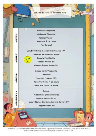 Menus cantine semaine du 16 au 20 novembre 2026