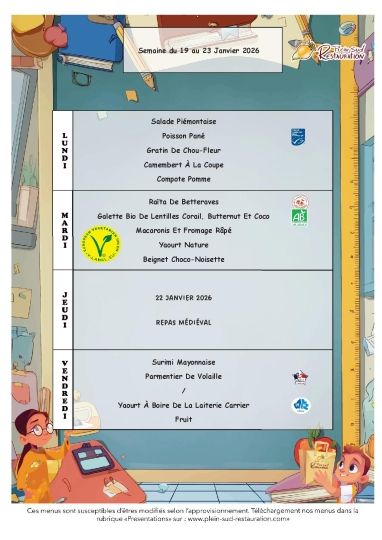 Menus cantine semaine du 19 au 23 janvier 2026