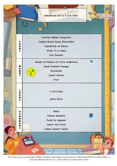 Menus cantine semaine du 1er au 5 juin 2026