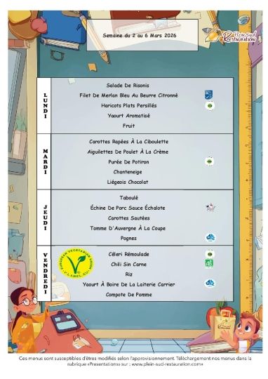 Menus cantine semaine du 2 au 6 mars 2026