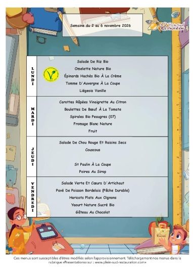Menus cantine semaine du 2 au 6 novembre 2026
