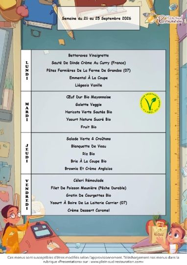 Menus cantine semaine du 21 au 25 septembre 2026