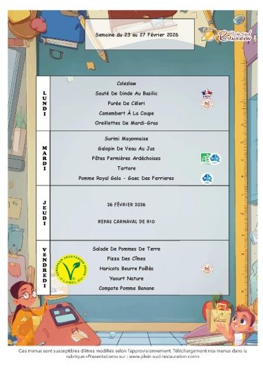 Menus cantine semaine du 23 au 27 février 2026