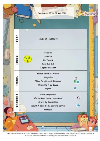 Menus cantine semaine du 25 au 29 mai 2026