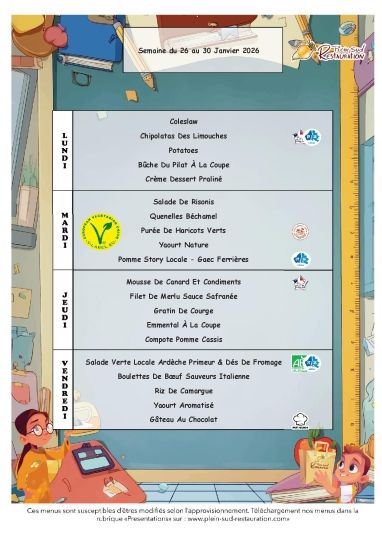 Menus cantine semaine du 26 au 30 janvier 2026