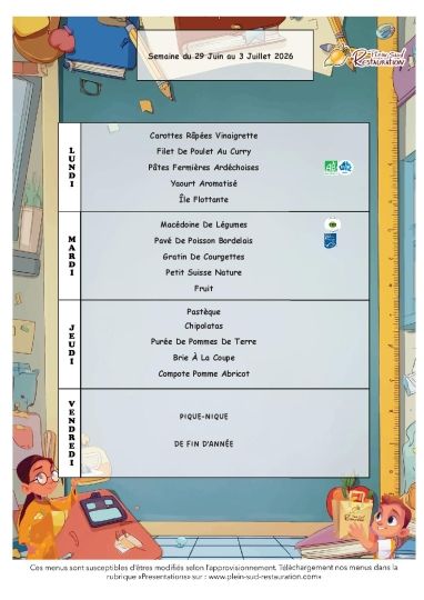 Menus cantine semaine du 29 juin au 3 juillet 2026