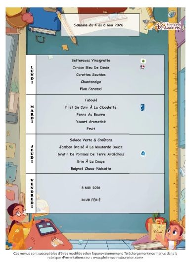 Menus cantine semaine du 4 au 8 mai 2026