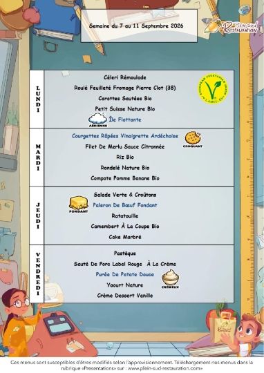 Menus cantine semaine du 7 au 11 septembre 2026