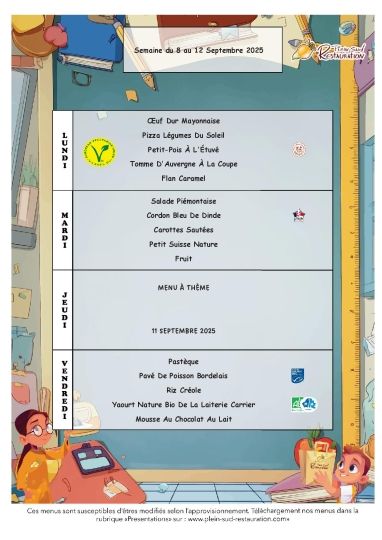 Menus cantine semaine du 8 au 12 septembre