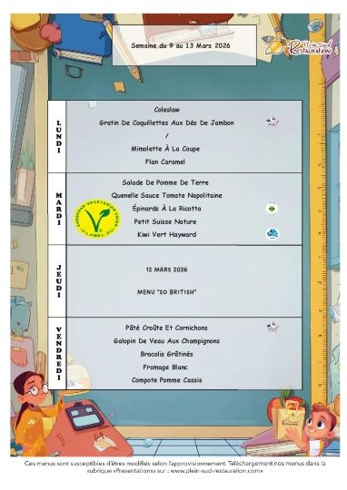 Menus cantine semaine du 9 au 13 mars 2026