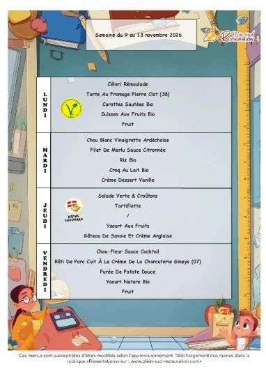 Menus cantine semaine du 9 au 13 novembre 2026
