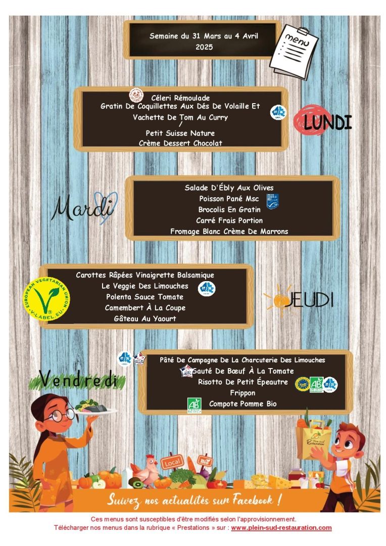 Menus semaine du 31 mars au 4 avril 20254